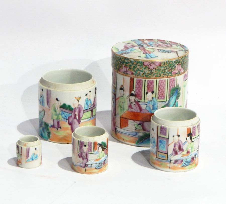 Chinese Canton porcelain canister, cylindrical and lidded,