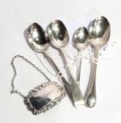 Two 19th century silver 'fiddle' pattern teaspoons, another 'reed' pattern,