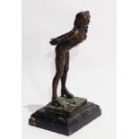 Bronze model of partially dressed female leaning forward, on shaped marble base,