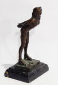 Bronze model of partially dressed female leaning forward, on shaped marble base,