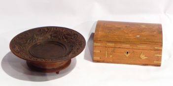 Carved wood Swiss musical dish together with a brass inlaid jewellery box with fitted interior (2)