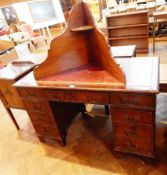 Oak corner cupboard with semi-circle shelf and kneehole writing desk with one long and four