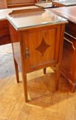 Mahogany bedside cabinet with satinwood stringing and quadrant panelling to door of cupboard,