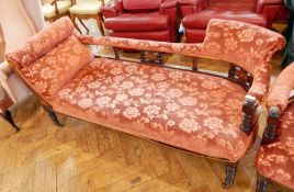 A Victorian chaise longue with red floral upholstery and floral marquetry work to splatback,