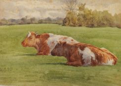 Charles James Adams (1859-1931)
Watercolour
Cows resting in a field, unframed, 12.