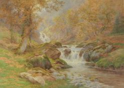 Charles James Adams (1859-1931)
Watercolour
Waterfall with mountains to back and river with rapids,