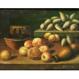 P Carlos (contemporary) 
Oil on board 
Study of fruit, signed,