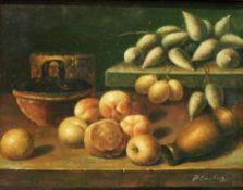 P Carlos (contemporary) 
Oil on board 
Study of fruit, signed,