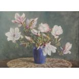 Lakeman
Oil on board 
Still life of flowers in blue vase on tabletop, signed and dated 1955,