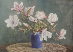 Lakeman
Oil on board 
Still life of flowers in blue vase on tabletop, signed and dated 1955,