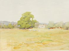 Claude Hulk (20th century) 
Watercolour drawing
Rural view of meadow with geese in a wooded