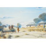 Boy Molefe (contemporary) 
Oil on canvas
South African village scene, signed and dated 92,