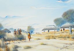 Boy Molefe (contemporary) 
Oil on canvas
South African village scene, signed and dated 92,