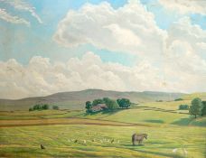 W L Clark 
Oil on canvas
Moorland scene with horse and chickens in foreground, hills in background,
