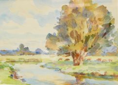 School of Wilfred Gabriel de Glehn RA (1870-1951) 
Watercolour drawing 
River landscape with cows