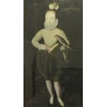 Colour print after the original portrait of an Elizabethan child holding a hawk