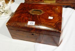 A finely grained walnut sewing box with metal handle, satin quilted lid,