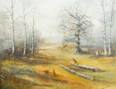 Audrey Knight (Contemporary)
Pheasants in a wooded winter landscape, signed,