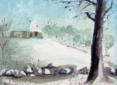 Contemporary English school
Oil on board
Winter landscape with cottage in background, signed "MK",
