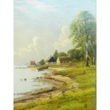 J A 1892
Oil on canvas 
Cottages by the shore, with boats pulled up on beach, initialled and dated,