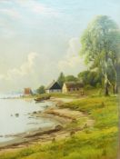 J A 1892
Oil on canvas 
Cottages by the shore, with boats pulled up on beach, initialled and dated,