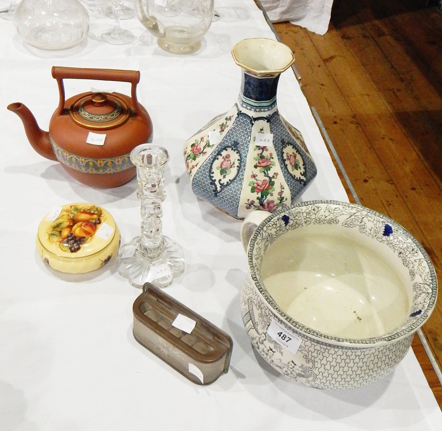 A Masons ironstone chamberpot with Oriental style figures and decoration, in black and blue,