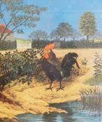 Colour print of cockerel by pond in front of house,