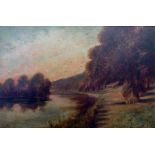Hans Knochl (1850-1927) 
Pair oils on canvas 
River landscapes with boats, inscribed verso "...