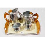 Picquot stainless steel five-piece tea service comprising teapot, hot water jug, creamer,