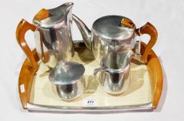 Picquot stainless steel five-piece tea service comprising teapot, hot water jug, creamer,