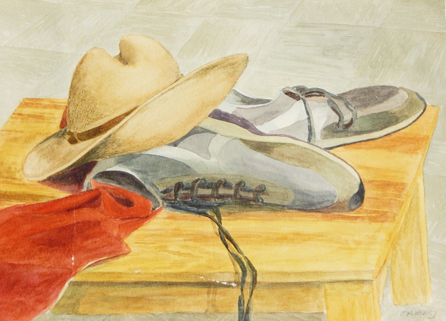 E M Henry
Watercolour drawing 
Still life of shoes and hat, etc.