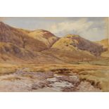 Charles James Adams (1859-1931)
Watercolour
Pebbled river with hills in background, unframed,