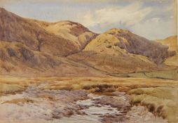 Charles James Adams (1859-1931)
Watercolour
Pebbled river with hills in background, unframed,