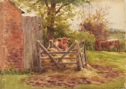 Charles James Adams (1859-1931)
Watercolour
Cattle eating out of a hay pen in field, unframed,