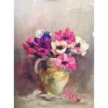 Mary E Oddie, 20th century 
Oil on board
Still life of flowers in a vase, signed bottom left,