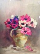 Mary E Oddie, 20th century 
Oil on board
Still life of flowers in a vase, signed bottom left,