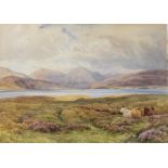 Charles James Adams (1859-1931)
Watercolour
Cattle on moorland with lake and mountains in