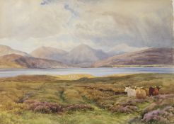 Charles James Adams (1859-1931)
Watercolour
Cattle on moorland with lake and mountains in