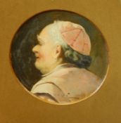 John W Perrin 
Oil on board 
Circular head and shoulders sideways portrait of Cardinal,