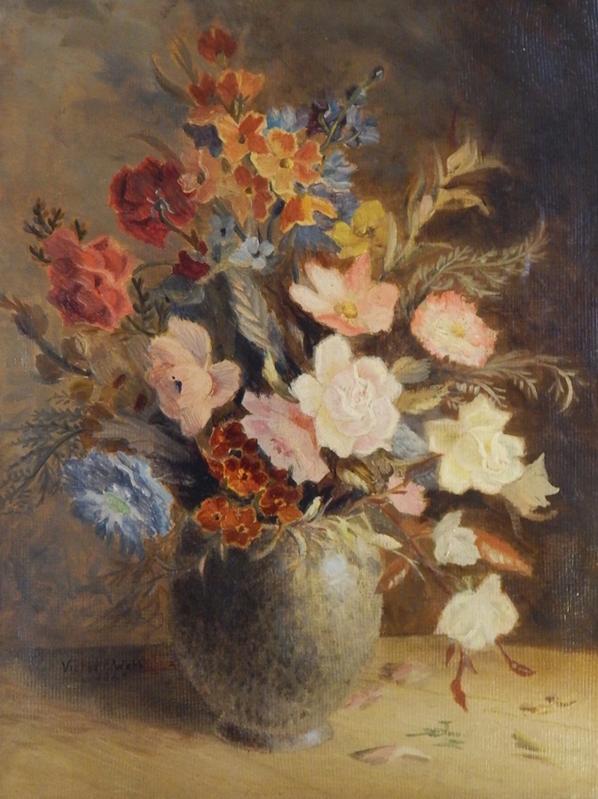 Victor Webb
Oil on board
Still life of floral decoration in vase, signed and dated 1948, 47.