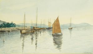 W S Mason 
Watercolour drawing 
Moored sailing boats, signed bottom left, dated 1989,