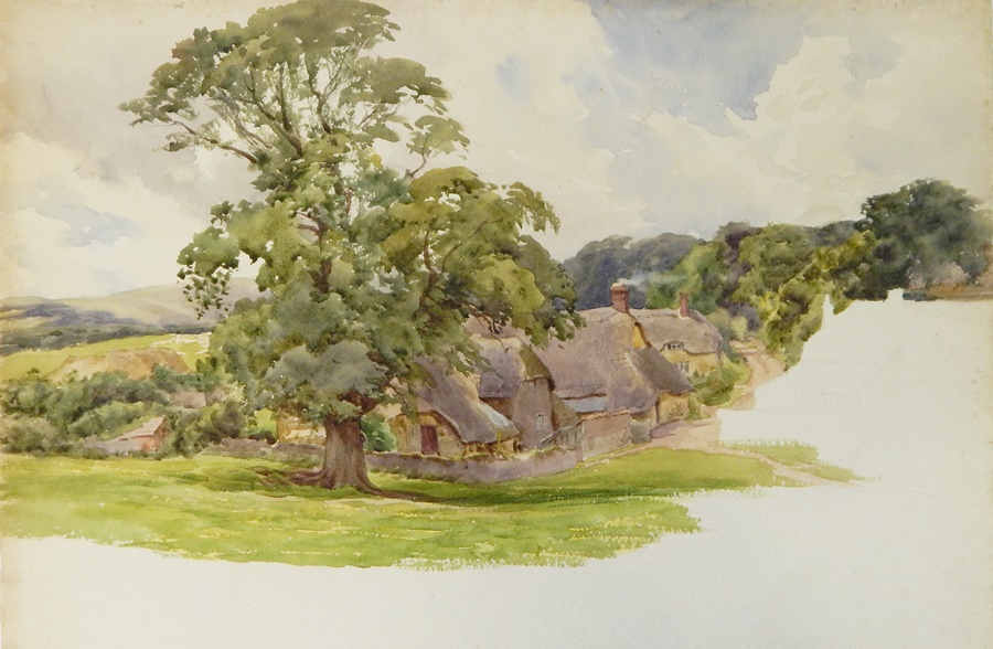 Charles James Adams (1859-1931)
Watercolour
Village scene with thatched roofed houses, unframed,