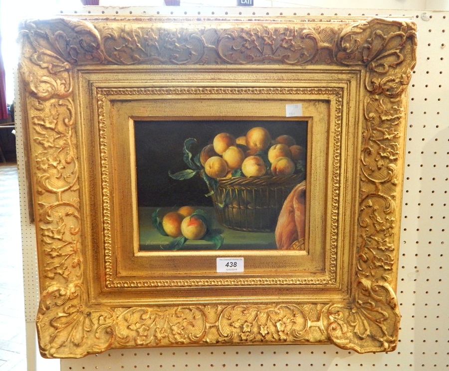 P Carlos (contemporary) 
Oil on board
Still life study of peaches, signed, - Image 2 of 2