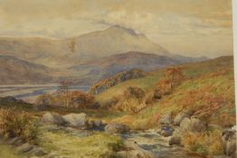 Charles James Adams (1859-1931)
Watercolour
Moorland scene with lake in distance and meandering