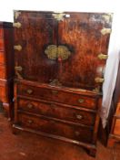 A Georgian style figured walnut lacquer chest on chest with four long and seven short drawers