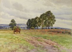 Charles James Adams (1859-1931)
Watercolour
Farm hand, horse and hay wagon in a poppy field,