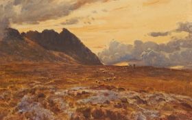 Herbert Moxon-Cook (1844-1928)
Watercolour drawing 
Twilight highland scene with shepherd and sheep