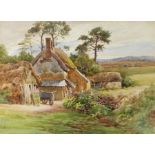 Charles James Adams (1859-1931)
Watercolour
Thatched cottage in moorland with hay cart outside,