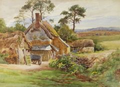 Charles James Adams (1859-1931)
Watercolour
Thatched cottage in moorland with hay cart outside,