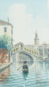 Umberto Ongania (1860-1896) 
Watercolour drawing 
Venetian canal scene with Rialto Bridge in